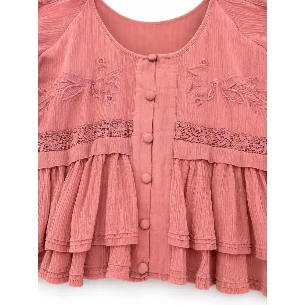 Free People Pink Embroidered Cold Shoulder Ruffle Peasant Top Boho Romantic S